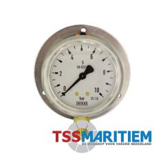 Buisveermanometer messing , kast ø 63 mm, gevuld, 1/4" BSP onderaansluiting met achterflens