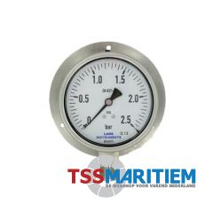 Buisveermanometer rvs, kast ø 100 mm, gevuld,	1/2" BSP onderaansluiting met achterflens