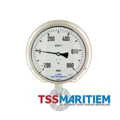 Buisveermanometer rvs, kast ø 160 mm, gevuld, 1/2" BSP onderaansluiting met achterflens